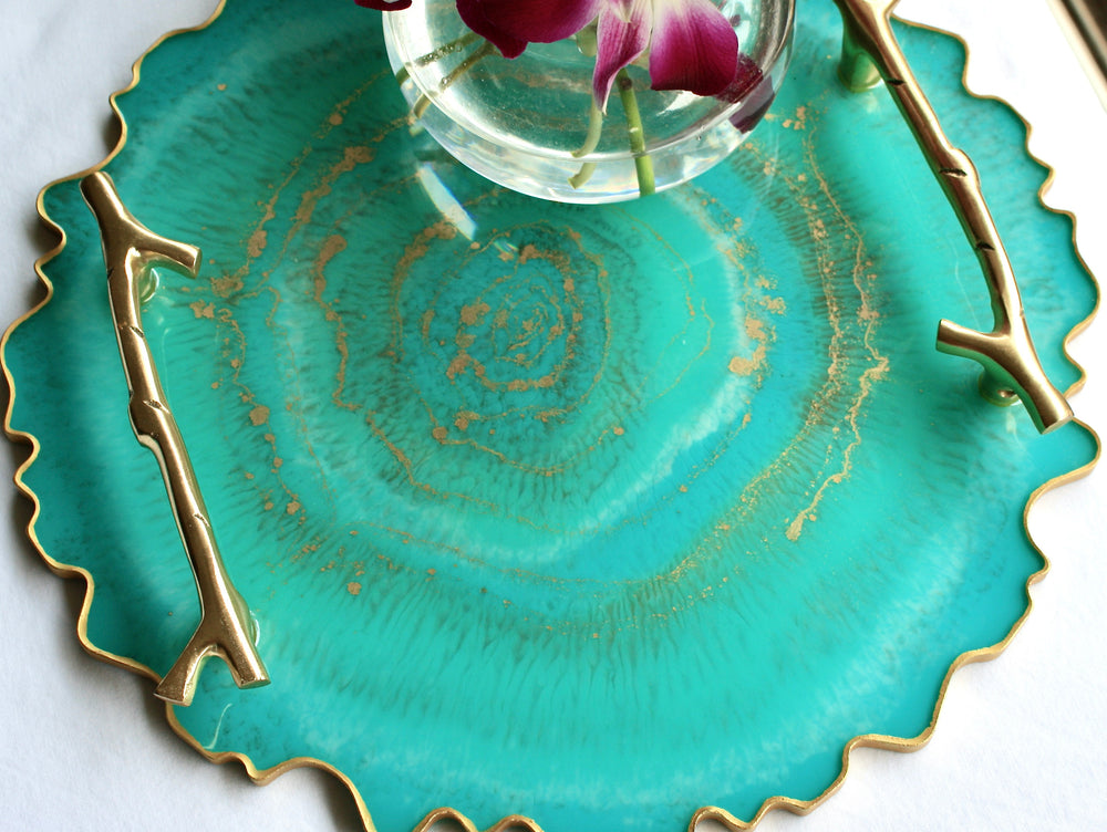 12" Agate Slice Resin Tray - Turqouise Blue