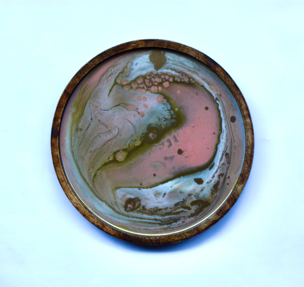 Solid Wood Round Resin Tray - Pink 1