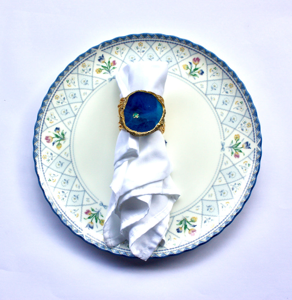 Set Of 4 Agate Slice Resin Napkin Ring - Blue