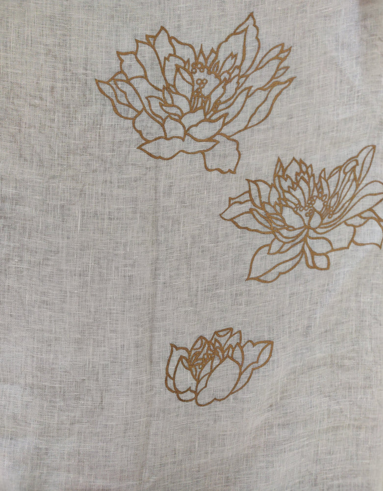 Floating Lotus - Gold on Off White Linen