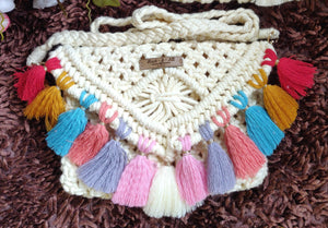 Macrame Sling Bags -  Off White With Multi Colored Tassels