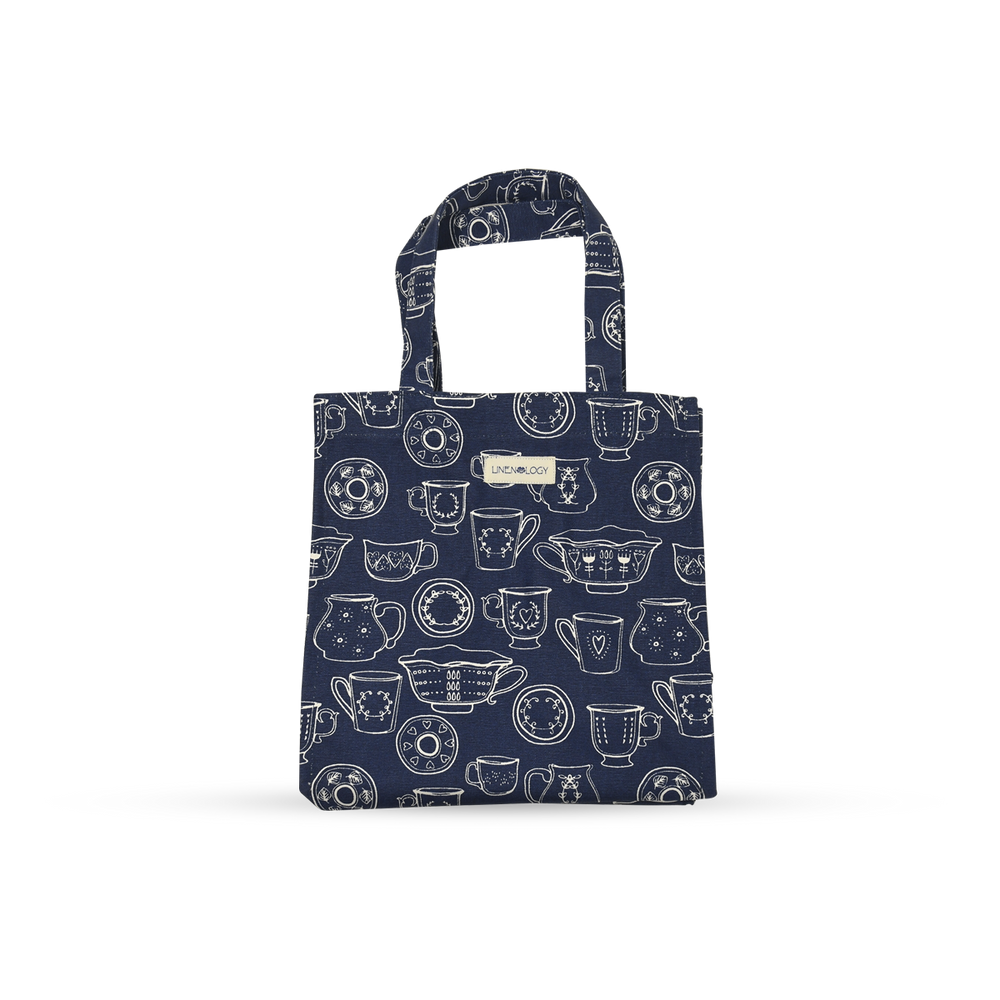 Tall Acrylic Coated Lunch Bag - Cup & Saucer - Navy
