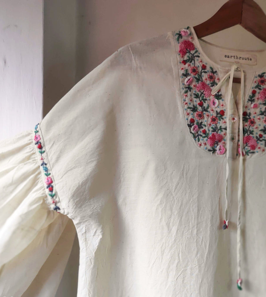 
                
                    Load image into Gallery viewer, Madhu Flared Tunic - hand embroidered on handwoven cotton
                
            