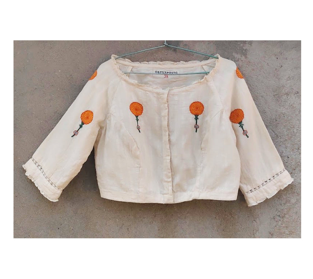 Hand Appliqued and Embroidered Blouse in Hand Woven Cotton Muslin
