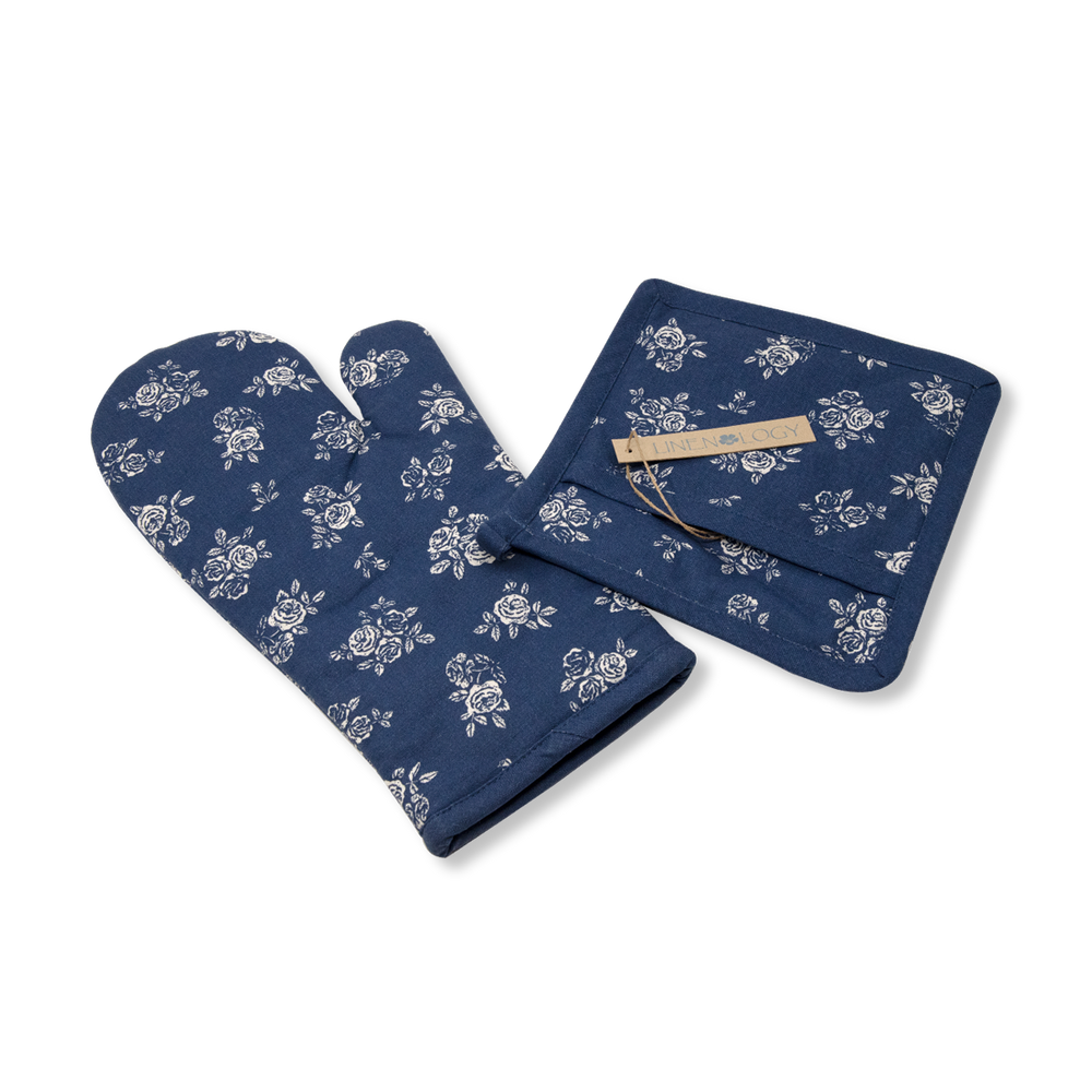 Oven Mitt & Pot Holder Set - English Rose - Navy