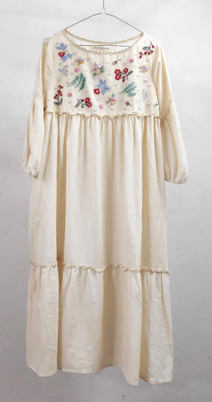 Rosa Tiered Dress- hand embroidered on handwoven cotton self check
