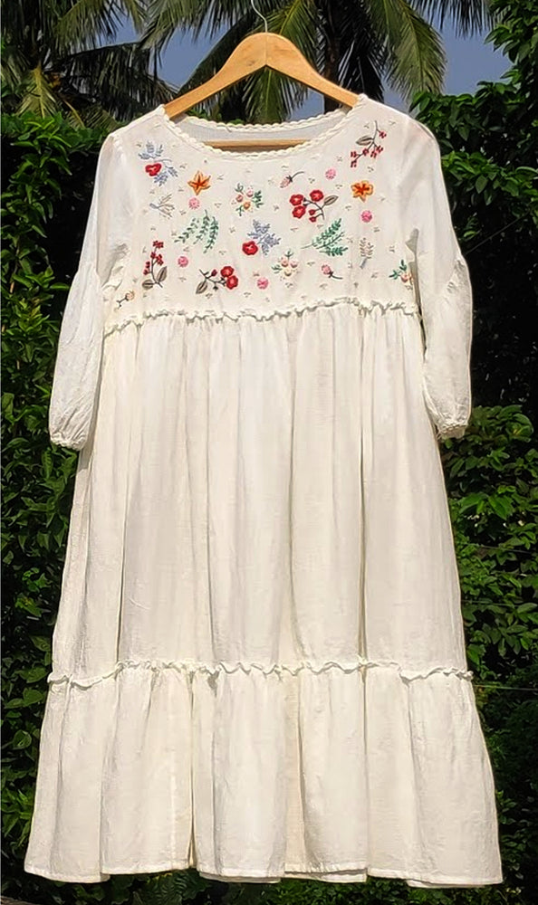 Rosa Tiered Dress- hand embroidered on handwoven cotton self check