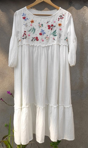 Rosa Tiered Dress- hand embroidered on handwoven cotton self check