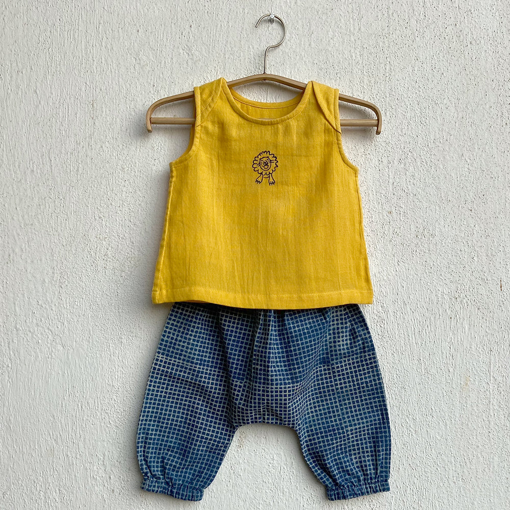 Unisex Organic Zoo Bag - Yellow Jhabla + Indigo Check Angarakha + Pants