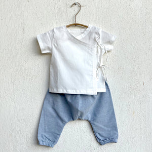 
                
                    Load image into Gallery viewer, Unisex Organic Essential White Angrakha Top + Blue Chambray Pants
                
            