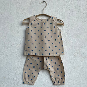 Unisex Organic Indigo Beige Polka Jhabla With Polka Pants