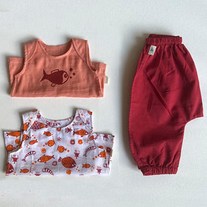 
                
                    Load image into Gallery viewer, Unisex Organic Koi Jhabla PJ Bag - Koi Red Jhabla + Peach Jhabla With Red Pants
                
            