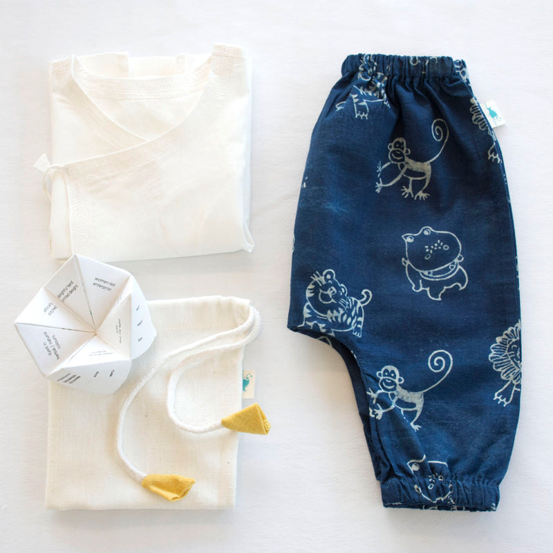 Unisex Organic White Angarakha Top + Zoo Print Indigo Pants