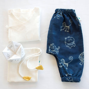 Unisex Organic White Angarakha Top + Zoo Print Indigo Pants
